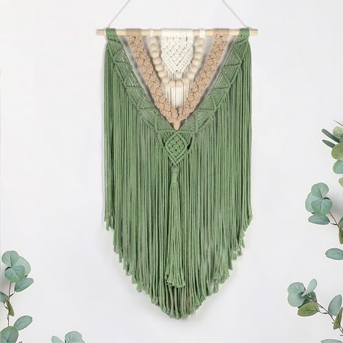 EOBTAIN Green Macrame Wall Hanging Boho Home Decor,Handmade Craft Handwoven Tapestry for Gallery Nursery Living Room,Natural Cotton Cord and Wood Beads Tassel Bohemian Art Decoration,30 Inch - color: Green Brown