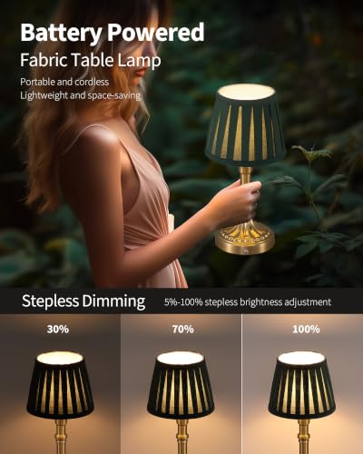 KDG Gold Cordless Table Lamps Set of 2, Green Fabric Shade Small Desk Lamp - color: Gold + Green Lampshde (2 Pack)