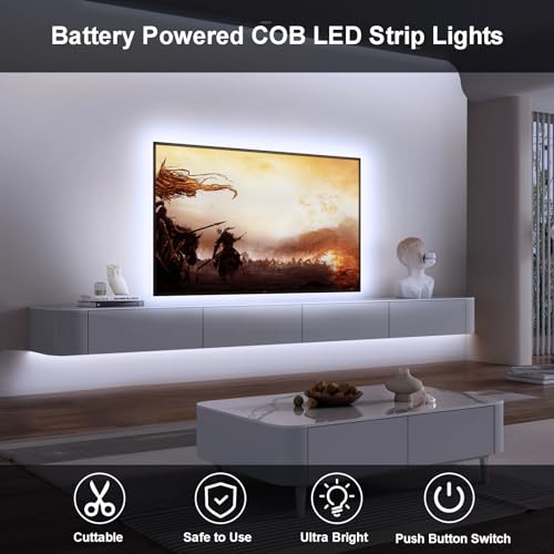 2 Pack 6.6Ft COB LED Strip Lights Battery Powered for Cabinet (Cool White) - color: COB Cool White