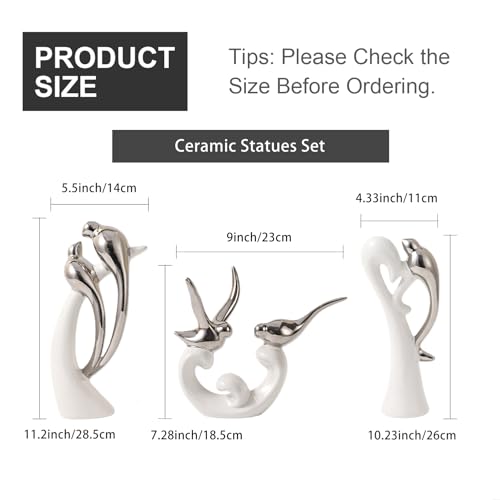 Ceramic Statues Set of 3, Birds and Base Sculpture Modern Home Decor - color: White and Silver