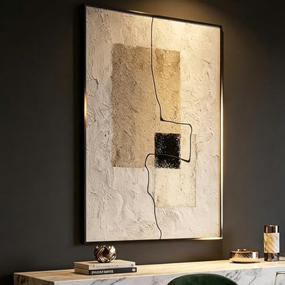 QKF Minimal Geometric 3D Texture Black Aluminum Frame Canvas Wall Art - color: Light Brown & Beige