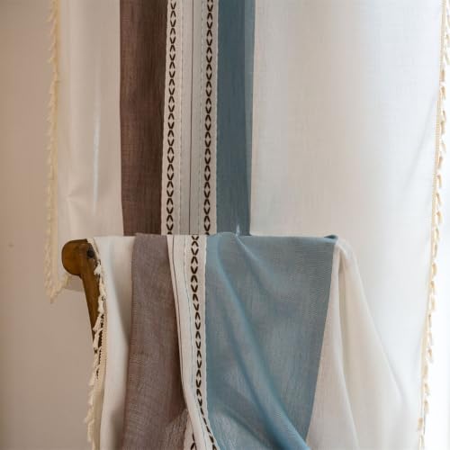 Deeprove Boho Linen Curtains 84 inch for Bedroom Living Room, Semi Blackout Textured Farmhouse Tassels Window Treatment Bohemian Embroidery Drape Rod Pocket 1 Panel 52" W x 84" L, Blue and Brown - color: Blue + Brown, size: 52"W x 84"L (Pack of 1)
