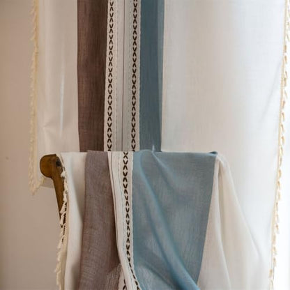 Deeprove Boho Linen Curtains 84 inch for Bedroom Living Room, Semi Blackout Textured Farmhouse Tassels Window Treatment Bohemian Embroidery Drape Rod Pocket 1 Panel 52" W x 84" L, Blue and Brown - color: Blue + Brown, size: 52"W x 84"L (Pack of 1)