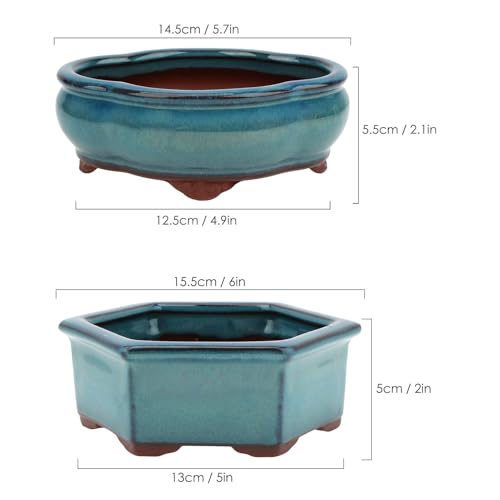Bonsai Planter 5.7" 6" Small Succulent Glazed Pots Set of 2 + 6 Soft Mesh Drainage Screens - style: Style A&B