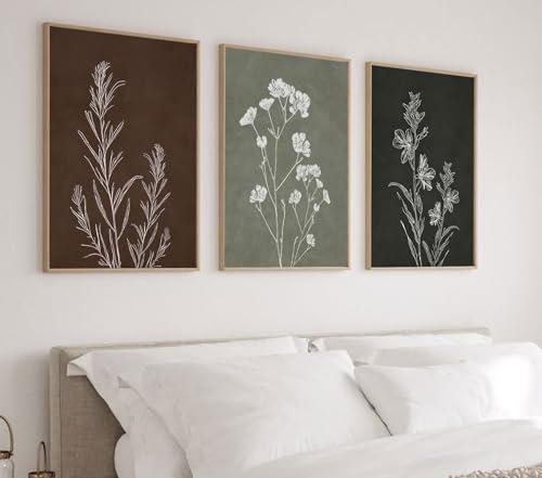 Neutral Botanical Framed Wall Art, 3 Piece Line Art Set, 12x16 Each - color: Simple retro, size: 12x16 inch