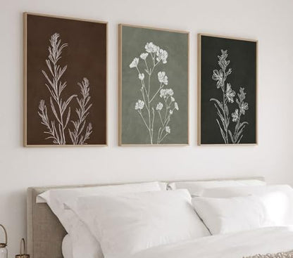 Neutral Botanical Framed Wall Art, 3 Piece Line Art Set, 12x16 Each - color: Simple retro, size: 12x16 inch