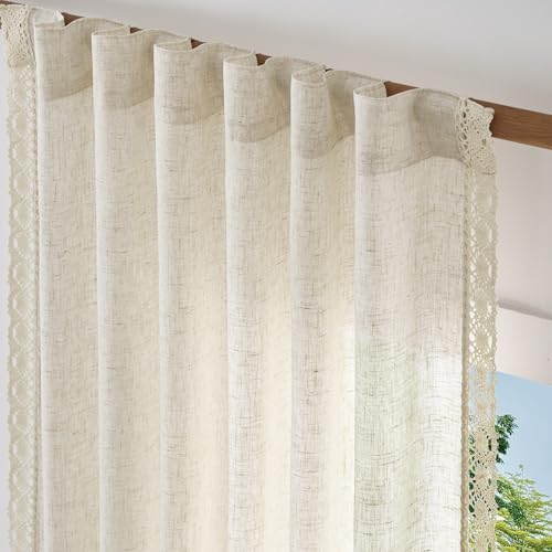 jinchan Beige Linen Curtains with Laced Trim Back Tab 50x 90 Inch 2 Panels - color: Laced Beige, size: 50"W x 90"L (Pack of 2)