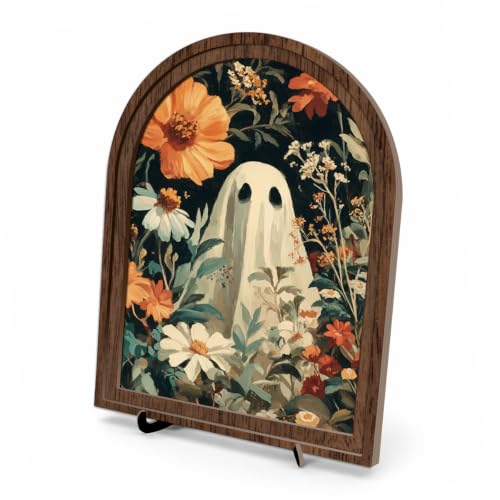 Halloween Ghost Arched Wood Tabletop Sign, Vintage Floral Wall Art - color: Color 02