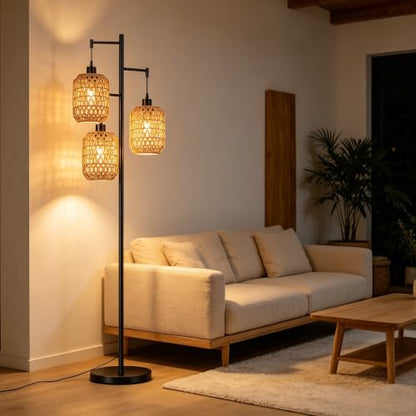 QIYIZM Floor Lamp for Living Room,Bedroom,Boho Rattan Tree 3 Lights Farmhouse Floor Lights,Industrial Black Standing Lamp Wicker Rustic Tall Lamp,Woven Bamboo LampShade Floor Lamps Bohemian - size: Floor Lamp--17