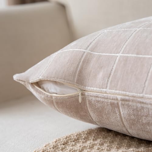 Set of 2 Chenille Check Throw Pillow Covers Decorative Vintage Plaid Pillowcase Neutral Boho Couch Pillows Farmhouse Cushion Covers for Sofa Couch Living Room 30x50 Inch,Beige - color: Beige, size: 20" x 12" (Pack of 2)