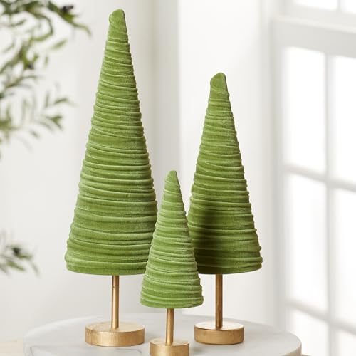 Pedestal Fern Velvet Trees Set of 3, Valentine Tree, Modern Mantel Decor, Holiday Centerpiece Handcrafted, Earthy Cozy Home Gift for, Farmhouse Shelf Sitter (Fern) - color: Fern