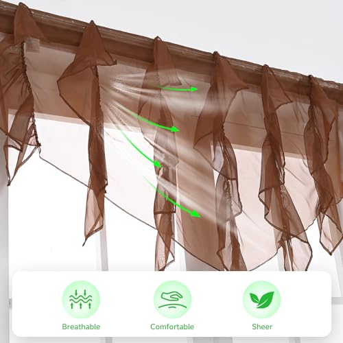 PearAge Ruffled Voile Semi Sheer Curtain Valance, Kitchen Living Room Shabby Chic Ruffle Valance Curtains, Girls Daughters Bedroom Cascade Window Valance 52x26 Inches (Brown-Triangle) - color: Brown