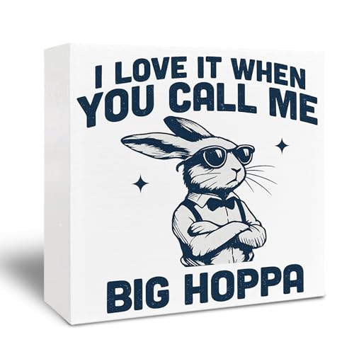 Funny Easter Wooden Signs - Easter Bunny Bow Decor, Easter Decorations, Big Hoppa Easter Bunny Wooden Box Sign for Home Shelf Desk Table 5x5 Inch - color: Hoppa