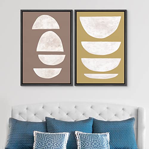 SIGNWIN Framed Canvas Print Wall Art Set Brown White Geometric Semi-Circles Abstract Shapes Illustrations Modern Art Minimal Boho Relax/Calm for Living Room, Bedroom, Office - 16"x24"x2 Black - color: A16-2202-fo13, size: 16"x24"x2 Panels Black