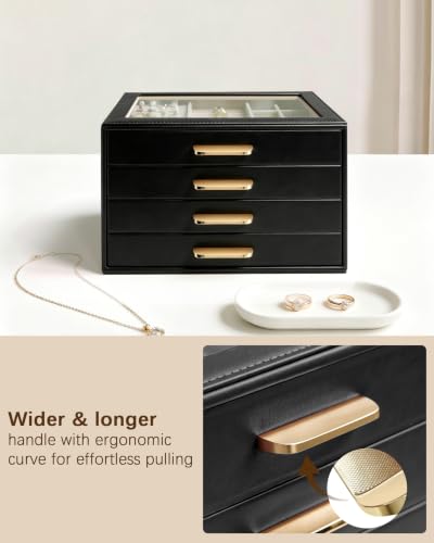 Homeanda Jewelry Boxes Organizer with Glass Lid, 4-Layer PU Leather, Black - color: Black, size: 4 Layer