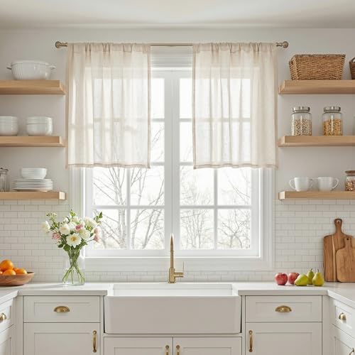 MYSKY HOME Natural Linen Curtains 24 Inch Long for Kitchen, Semi Sheer Light Filtering Window Panels Rod Pocket Valance Neutral Drapes for Small Window/Cafe/Bathroom Basement, 2 Panels, 34 x 24 Inch - color: Natural Linen, size: 34"W x 24"L (Pack of 2)