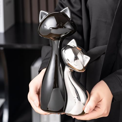 SURE YUESI Ceramic Cat Statue Set of 2, Black & Silver Cute Cat Figurines, Desk & Shelf Decor for Cat Lovers, Office Home Decor, Lucky Cat Memorial Gift for Women