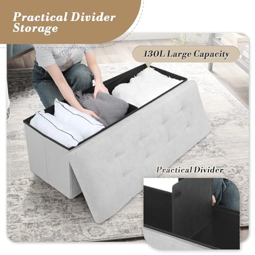Athena Collection 43" Storage Ottoman Bench Folding Bench with 130L Hidden Storage, Large End of Bed Bench Linen Foot Rest Stool Chest with Flipping Lid for Living Room, Bedroom, Entryway, Light Gray - color: Light Gray, style: 43" Linen