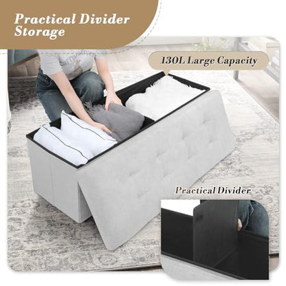 Athena Collection 43" Storage Ottoman Bench Folding Bench with 130L Hidden Storage, Large End of Bed Bench Linen Foot Rest Stool Chest with Flipping Lid for Living Room, Bedroom, Entryway, Light Gray - color: Light Gray, style: 43" Linen