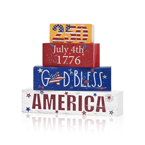 Smile 4th of July 250th Anniversary Wooden Block Stack with USA Decor, 4-Piece Patriotic Tiered Tray Decor for Independence Day & Memorial Day - style: 250
