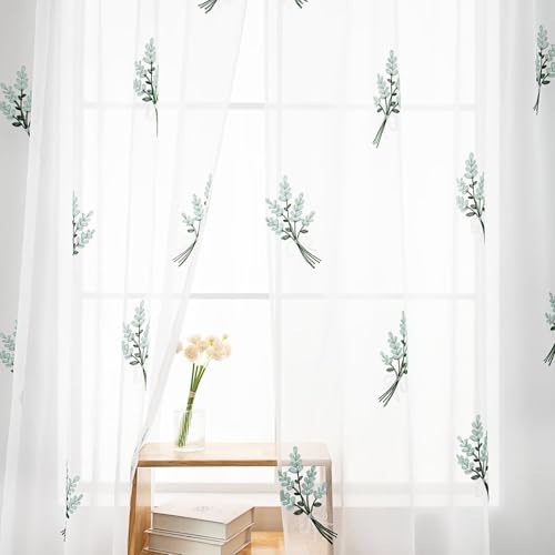 Floral Sheer Curtains Embroidered Lavender Patterned Semi-Sheer Curtain 63 Inches Long 2 Panels Rod Pocket Spring Voile Drapes for Living Room, Bedroom(W52 x L63 Inch, White&Teal) - color: Teal, size: 52"W x 63"L (Pack of 2)
