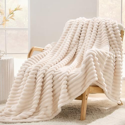330GSM Ribbed Fleece Throw Blanket for Couch, Cream, 50"x60" - color: Cream, size: Throw(50"x60")