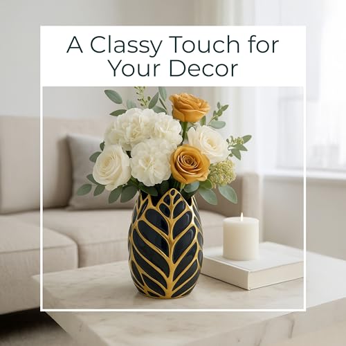 Contemporary Ceramic Flower Pot Vase for Bathroom, 8", Black & Gold