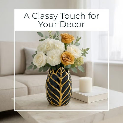 Contemporary Ceramic Flower Pot Vase for Bathroom, 8", Black & Gold