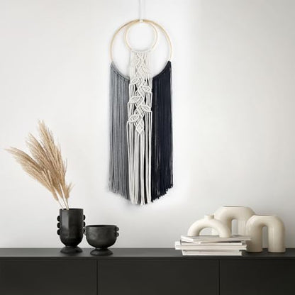 LB Black Macrame Wall Hanging, Handmade Woven Tapestry- Boho Dream Catchers Grey and Black Hanging Macrame Wall Art for Living Room Apartment Office Backdrop,10X30 Inch - color: Grey