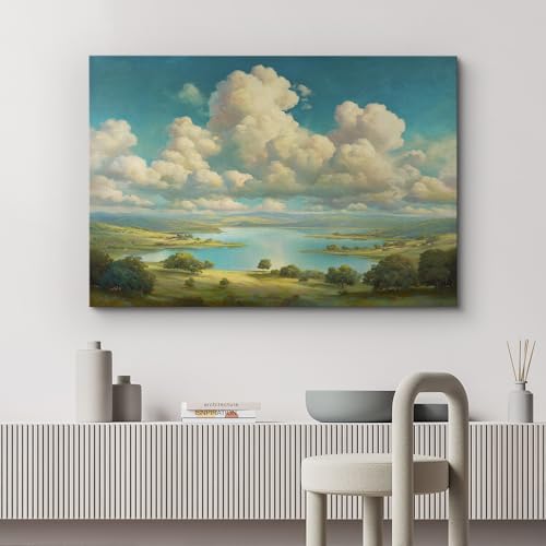 wall26 Canvas Print Wall Art Sunny Lake and Rolling Hills Bright Blue Sky and Fluffy Clouds Landscape Digital Art Realism Rustic Scenic Nature Photography for Living Room, Bedroom, Office - 12"x18" - color: A25-2605-M18, size: 18"L x 12"W