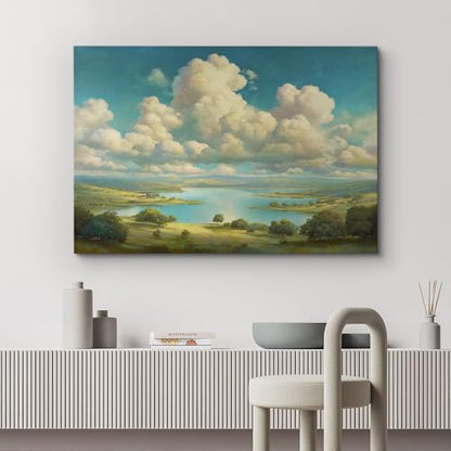 wall26 Canvas Print Wall Art Sunny Lake and Rolling Hills Bright Blue Sky and Fluffy Clouds Landscape Digital Art Realism Rustic Scenic Nature Photography for Living Room, Bedroom, Office - 12"x18" - color: A25-2605-M18, size: 18"L x 12"W