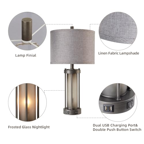 RORIA Set of 2 Rustic Table Lamps for Living Room with 2 USB Ports - color: Gray