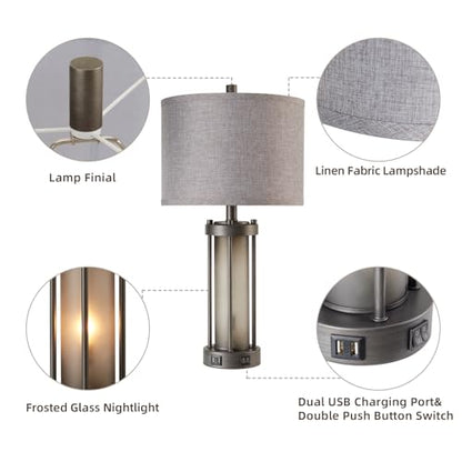 RORIA Set of 2 Rustic Table Lamps for Living Room with 2 USB Ports - color: Gray