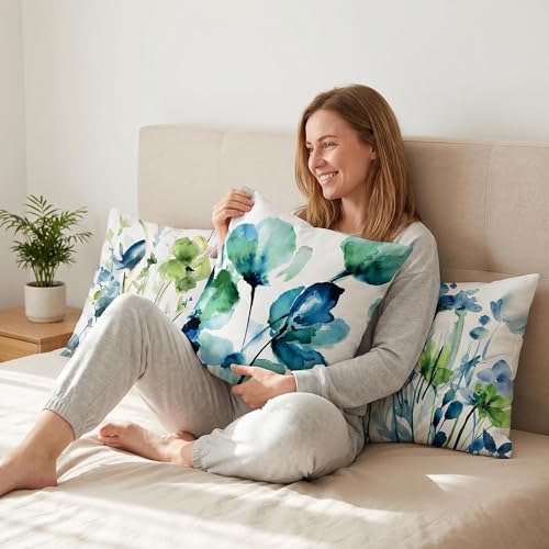 COMMINY Blue Green Linen Pillow Covers 18x18 Set 6 Floral Throw Cover - color: Blue Green Hydrangea Flower, size: 18" x 18" (Pack of 6)