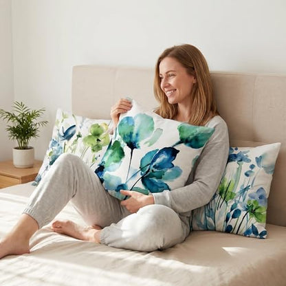 COMMINY Blue Green Linen Pillow Covers 18x18 Set 6 Floral Throw Cover - color: Blue Green Hydrangea Flower, size: 18" x 18" (Pack of 6)