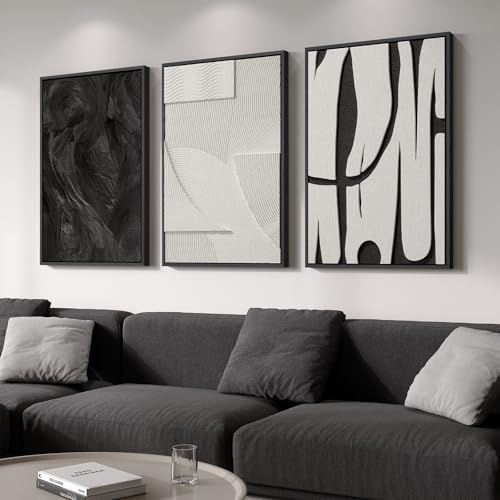 3D Large Framed Black and White Abstract Wall Art for Living Room, 3 Piece - color: Black and White --B, size: 24"w X 36"h X 3pcs
