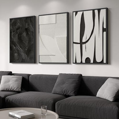3D Large Framed Black and White Abstract Wall Art for Living Room, 3 Piece - color: Black and White --B, size: 24"w X 36"h X 3pcs