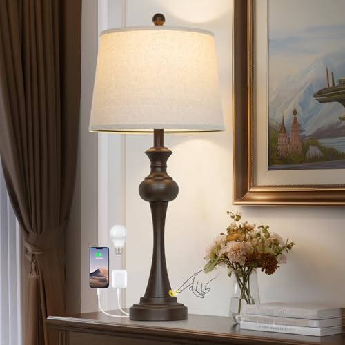 Cinyirong Brown Touch Table Lamps,28.75" Tall Bedside Lamps with USB C+A Ports, 3-Way Dimmable Table Lamp, Nightstand Lamps for Bedroom, Living Room，Brown Lamps with Beige Lampshade, Bulb Included - color: Brown-1pack