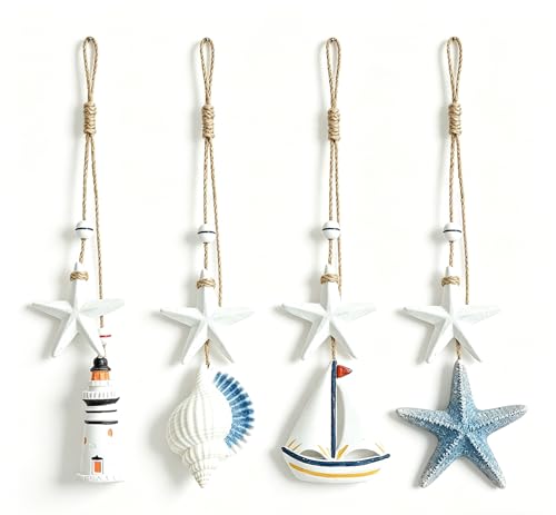 4Pcs Wooden Seashells/Star/Ships/Lighthouse Wall Hanging Decor, Farmhouse Rustic Coastal Themed Decorations for Home, Beach Wall Sign Nautical Decor for Bedroom, Living Room