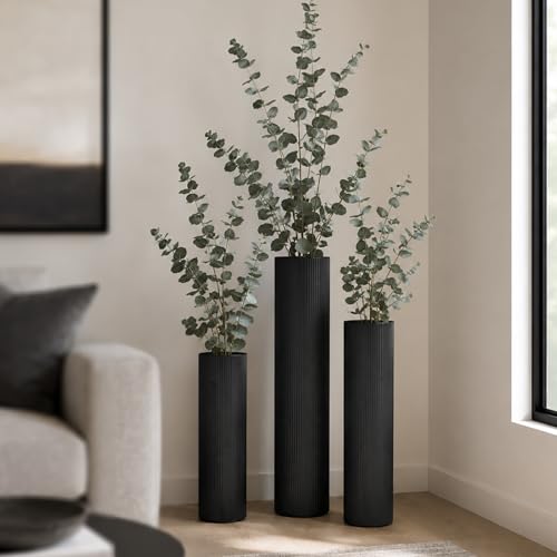 Black Tall Ribbed Floor Vase - Set of 3 Metal Large Decorative Vases - color: Black