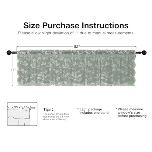 Rinwoc Sage Green Lace Semi-Sheer Valance Curtains – Vintage Leaf Lace Tier Drapes for Bedroom/Kitchen, Privacy Light Filtering Window Valance, Elegant Scalloped Valances 1 Panel, 52W x 14L Inch - color: Sage Green Leaf, size: 52"W x 14"L (Pack of 1)