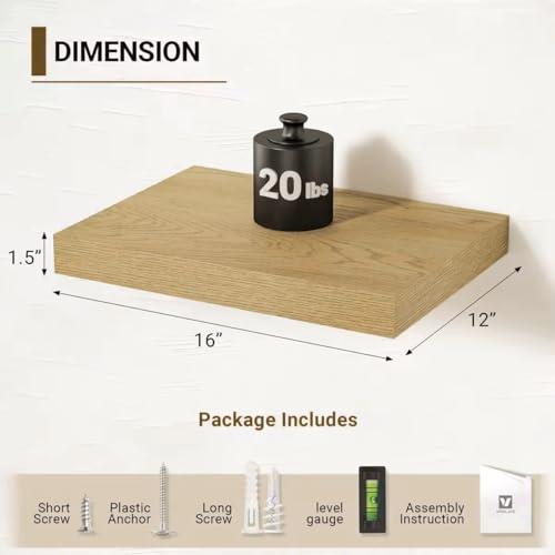 Vivelove 12 Inch Deep Floating Shelves 16 inch Long, Oak Shelf, Set of 2 - color: Oak, size: 16”wx12”dx1.5”h