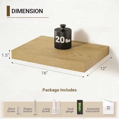 Vivelove 12 Inch Deep Floating Shelves 16 inch Long, Oak Shelf, Set of 2 - color: Oak, size: 16”wx12”dx1.5”h