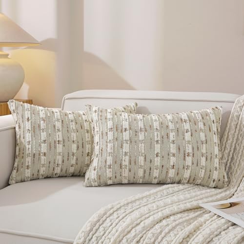 Boho Lumbar Brown Striped Tufted Chenille Throw Pillow Covers - color: Brown Striped, size: 20" x 12" (Pack of 2)