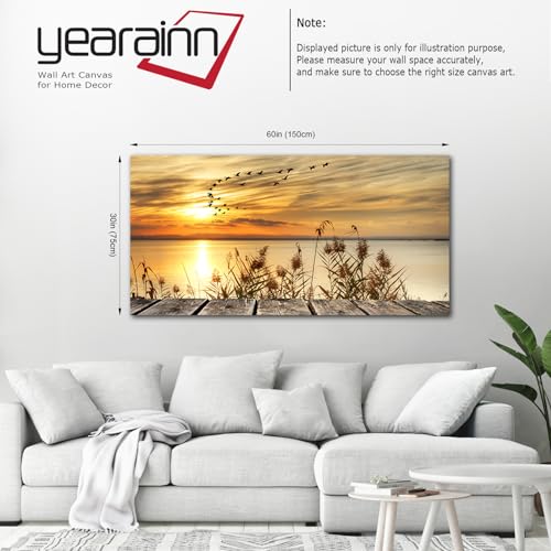 Wall Art Lake Sunset Canvas Art Autumn Nature Picture Dock Wooden Bridge Reeds Birds Flying Shore Dusk Contemporary Artwork for Bedroom Living Room Decoration Home Kitchen Office Wall Decor 29" x 58" - color: Sunset Lake, size: 58"L x 29"W