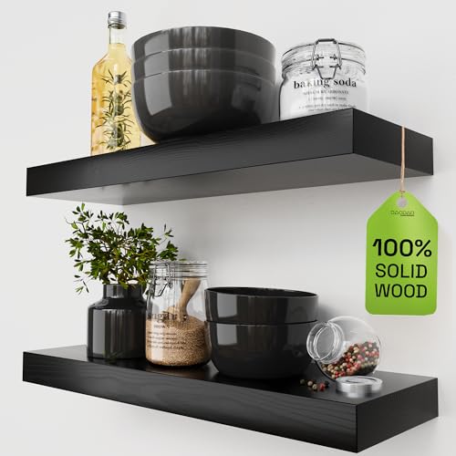 Solid Wood Floating Shelves for Wall 20 Inch Black, Wooden Bathroom Shelf - color: Black, size: 20 Inch
