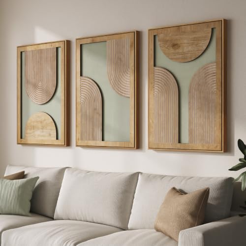 Framed 3D Wood Boho Abstract Textured Wall Decor Living Room, 24x36 Inch - color: Neutral Grey Green