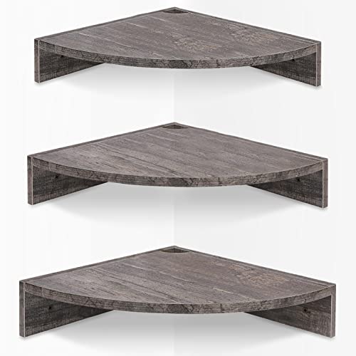 Homode Corner Floating Shelves, Set of 3 Corner Wall Shelves for Storage and Display, 3 Tier Wood Hanging Shelf Organizer for Cable Box, for Bedroom, Bathroom, Kitchen, Rustic Grey - color: Grey