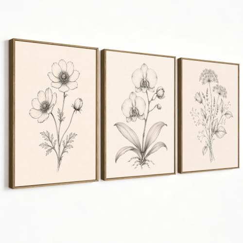 Framed Green Floral Wall Art for Bedroom, 3 Piece Neutral Minimalist Canvas Paintings Artwork for Modern Farmhouse, Botanical Wall Art Decor for Living Room Bedroom Bathroom Kitchen Office 16"x24" - color: 03-framed, size: 16" L x 24"W