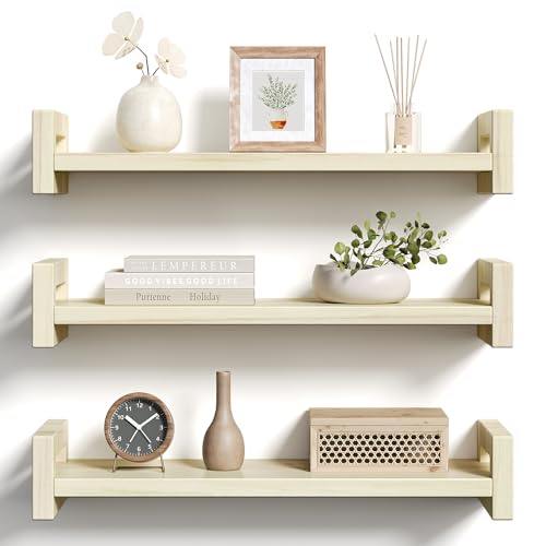 Solid Wood Floating Shelf, 16" Wall Shelf for Room, Rustic Poplar, 3 Pack - color: Poplar White, size: 16 inch